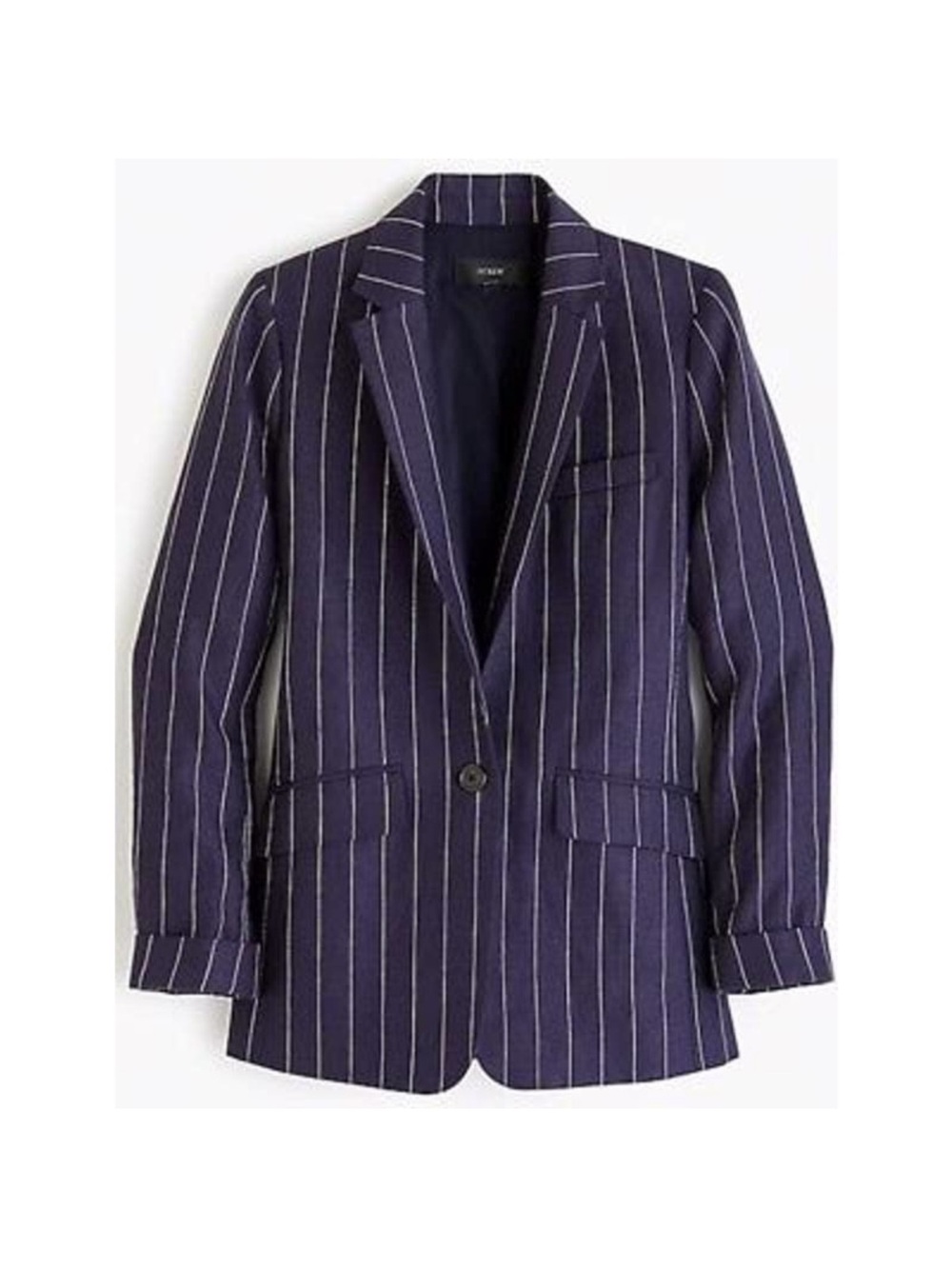 J. CREW Linen Pinstripe Boy Blazer Navy White Tailored One Button Career Sz 10T